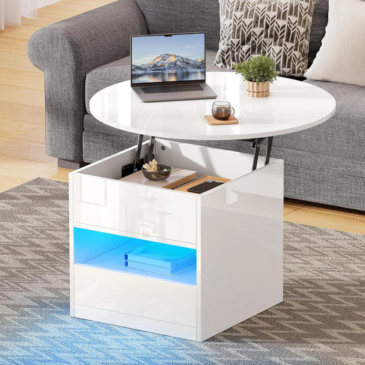 Coffee Table Height Adjustable Coffee Table Round with Lifting Plate, Living Room Table High Gloss with Hidden Storage Compartment and LED Lighting Modern, Side Table Round with 1 Drawer