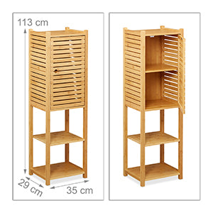 Relaxdays Bamboo Bathroom Shelf, 5 Shelves with Door, Free Standing, Bathroom & Kitchen, Narrow Bathroom Furniture, H x W x D: 113 x 35 x 29 cm, natural, 1 piece.