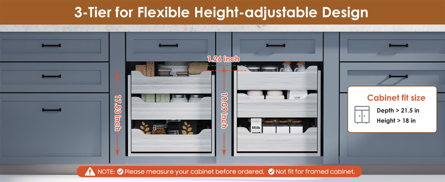 Adjustable Height Wood Pull Out Organizer 7.5” W × 21.5” D Smooth Pull Out Drawers for Cabinets 3 Tier Slide Out Drawers for Kitchen Cabinets Under Sink Wood