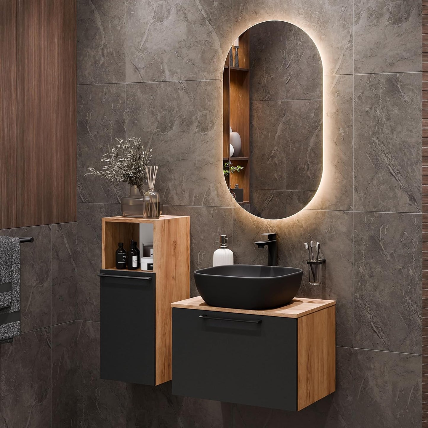 Astra Bathroom Furniture Set with Wash Basin 60 cm with 1 x Midi Cabinet Gold Oak Anthracite, Countertop Sink 42 cm Black, Mirror (with LED) 50 cm