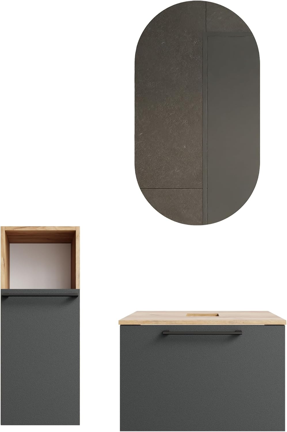 Planetmöbel Astra Bathroom Furniture Set with Wash Basin 60 cm with 1 x Midi Cabinet Gold Oak Anthracite, without Countertop Sink, Mirror (with LED) 50 cm