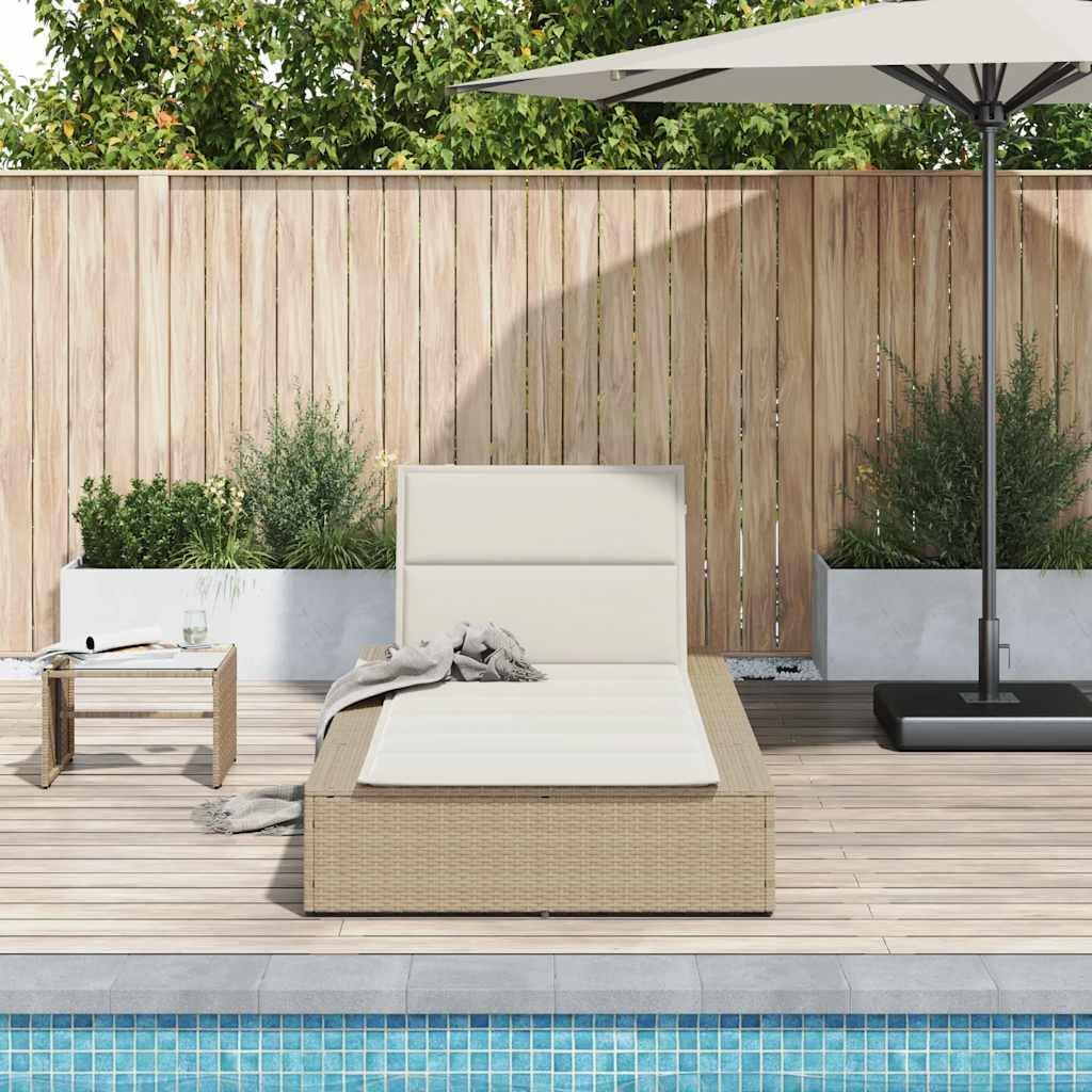 Sun Lounger with Floating Cushion, Beige Poly Rattan, Sun Bed, Garden Lounger, Lounge Bed, Day Bed, Chaise Lounger, Poly Rattan Sun Lounger