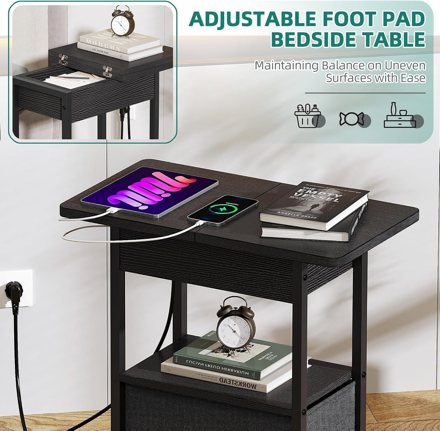 Side Table with Charging Station, Bedside Table with Charging Function, Small Bedside Table with 2 Sockets and 2 USB Ports, Modern Wood, Coffee Table, Coffee Table for Living Room, Bedroom