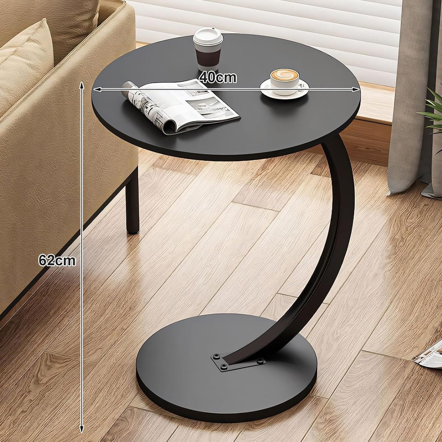 Gemsaya Side Table C Shape, Black Round Wood Table with Metal Frame, Mobile Sofa Table Top Diameter 40 cm, Height 62 cm, Modern Round Coffee Table Small for Living Room, Bedroom