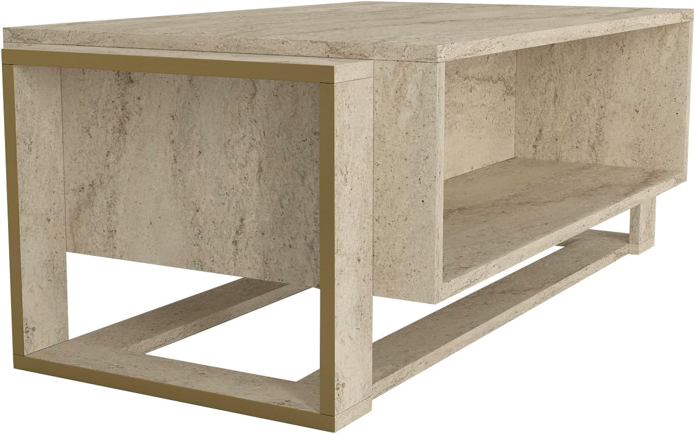 moebel17 2482 Coffee Table Sofa Table Living Room Table for Living Room, Wood, Beige Granite Look, High Gloss, Storage Compartments, Lots of Storage Space, Designer Table, 107 x 41 x 60 cm