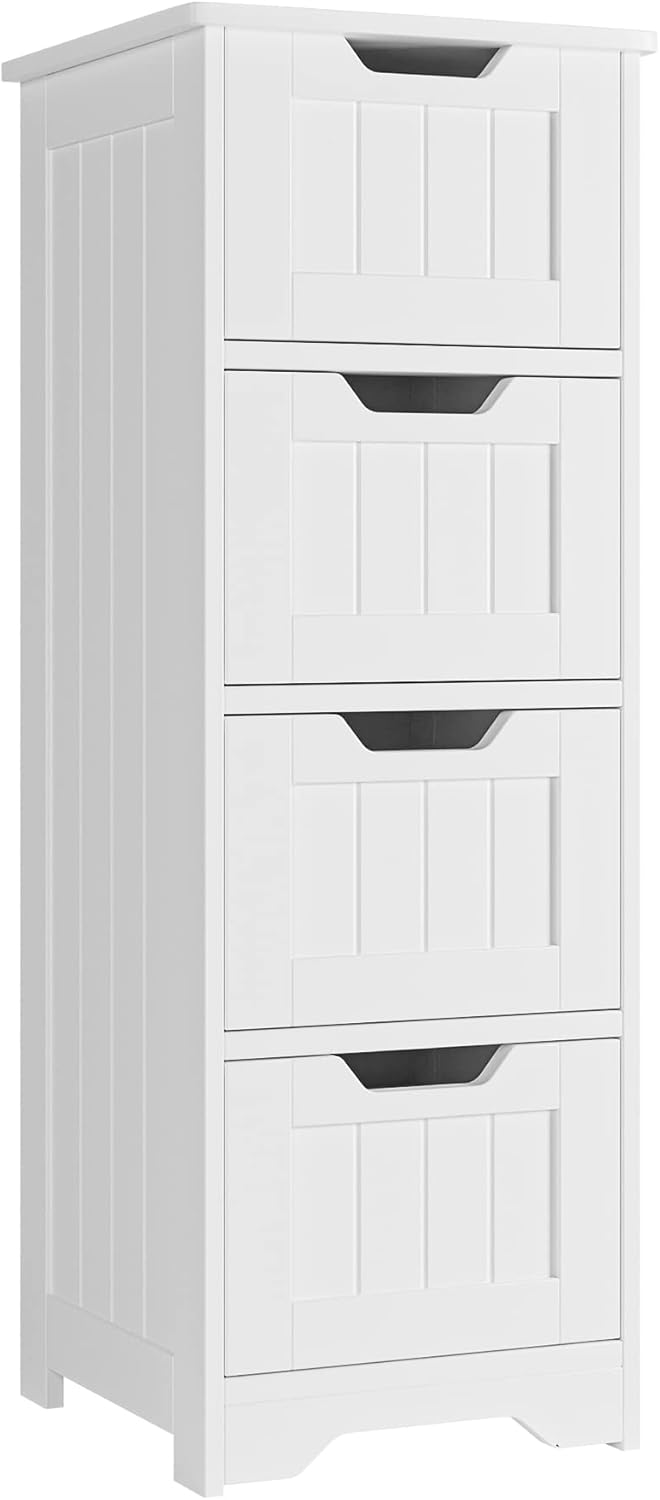 FOTOSOK Bathroom Storage Cabinet, Side Cabinet with 4 Drawers, 11.8” x 11.8” x 32.5” Freestanding Bathroom Cabinet Entryway Cupboard Storage Organizer Unit Home Furniture Decor, White