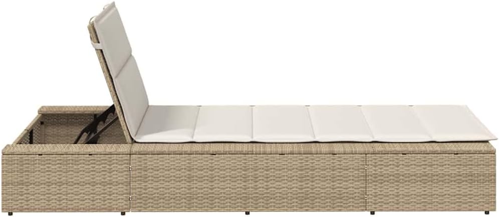 Sun Lounger with Floating Cushion, Beige Poly Rattan, Sun Bed, Garden Lounger, Lounge Bed, Day Bed, Chaise Lounger, Poly Rattan Sun Lounger