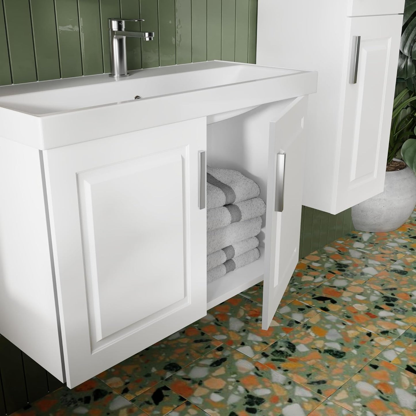 Bathroom Furniture Set, White, Ceramic Sink, Base Cabinet, Mirror Cabinet, Soft Close Doors and Chrome Handles, Country House Style, Bathroom Furniture Set, Wash Basin Cabinet