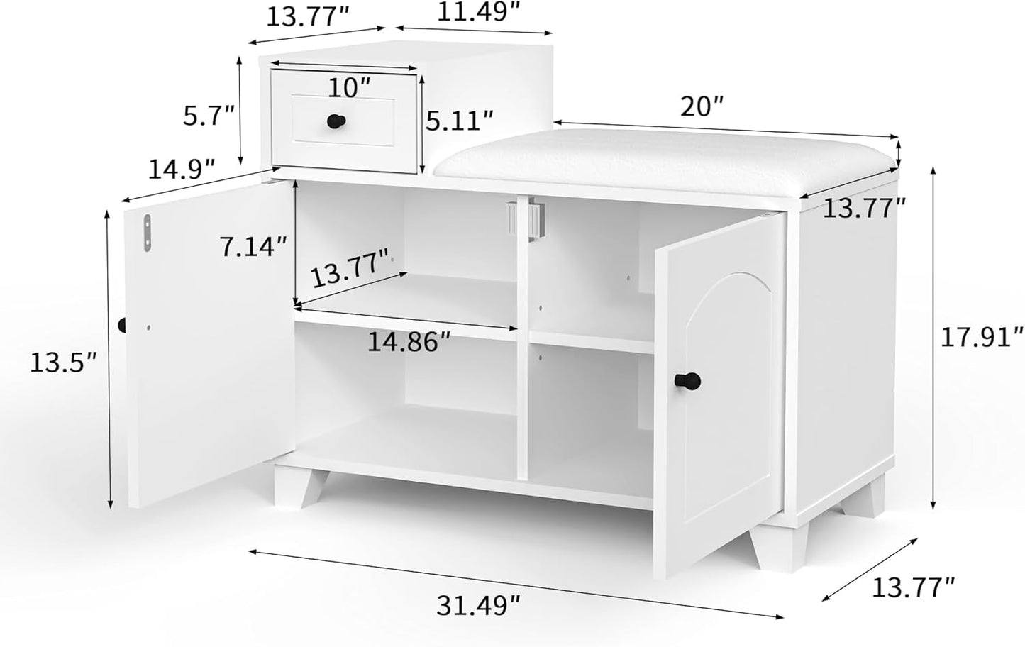 Organizedlife Shoe Bench, Shoe Cabinet Seat Bench with Seat Cushion, Padded, Shoe Rack with Storage Space, Removable Storage Compartments, Drawer, Shoe Rack Furniture, 80 x 36 x 60 cm, White