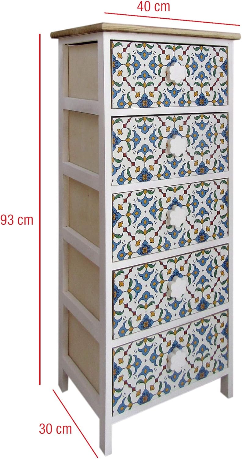 Space-Saving Bathroom Cabinet 5 Drawers Light Blue White Wood Fine Ceramic Design for Living Room Dimensions 93 x 40 x 30 cm (H x L x W)