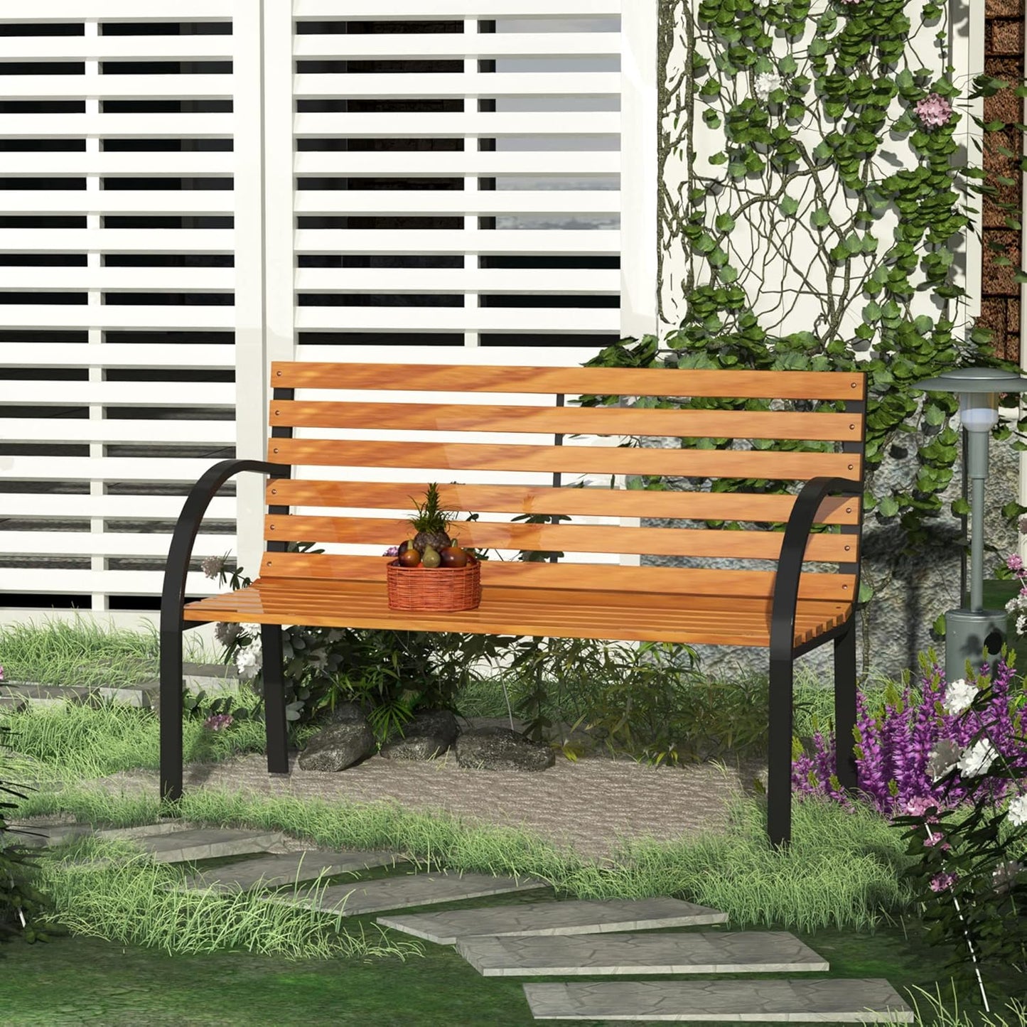 Garden Bench Seat Park Bench 2-Seater Garden Steel + Pine Wood Natural W 122 x D 60 x H 83 cm