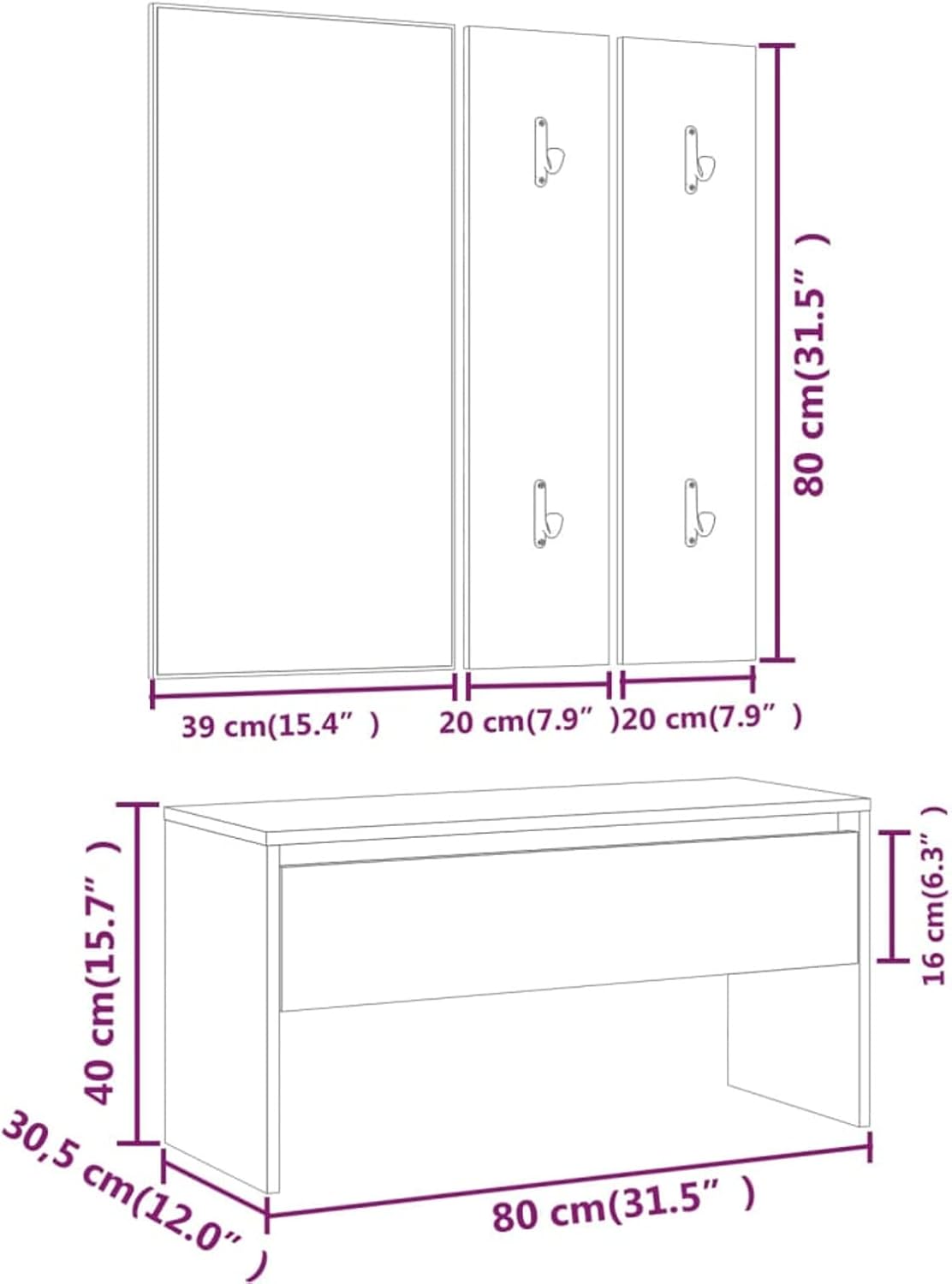 Hallway Furniture Set Wardrobes, Wardrobe Set Consisting of 1 x Hallway Bench, 1 x Mirror, 2 x Wardrobe for Clothes and Coats, Hallway Wardrobes