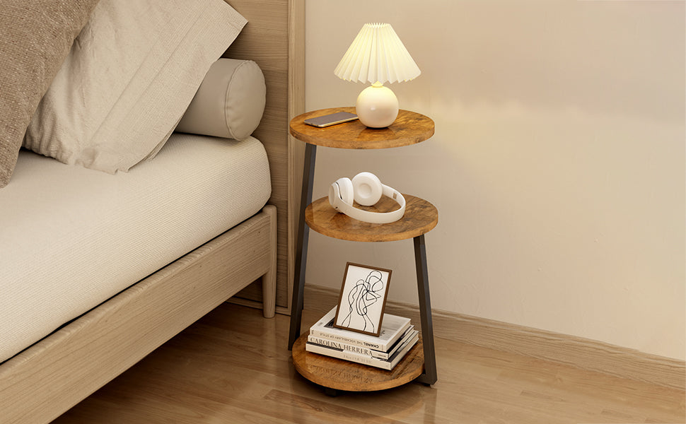 Round Side Table, 3-Tier Shelves, Wooden Side Table with Metal Frame, Small Table, Living Room for Living Room, Bedroom