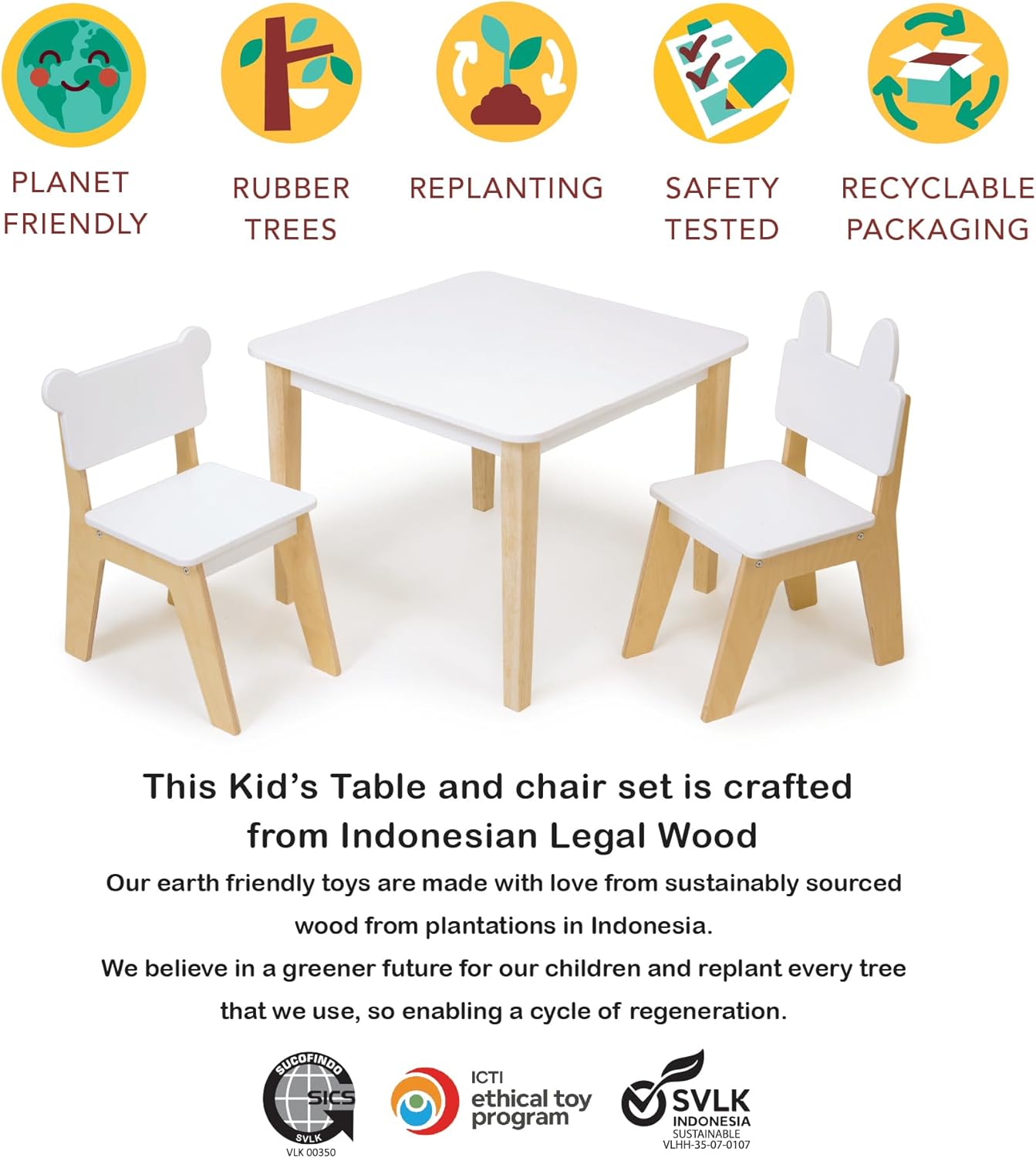 Mentari Toys - Kid’s Table and Chair Set - Wooden Easy Clean Table and 2 Animal Themed Chairs - Children’s Playroom, Classroom Furniture - Sturdy Set for Play and Learning - Age 3+