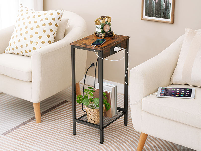 Side Table with Charging Station, Telephone Table High with Mesh Shelf, Narrow Bedside Table with Socket for Living Room, Bedroom, Vintage Brown and Black