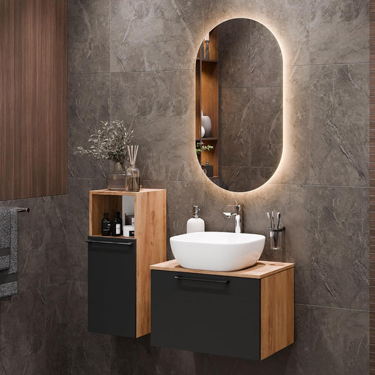 Planetmöbel Astra Bathroom Furniture Set with Wash Basin 60 cm with 1 x Midi Cabinet Gold Oak Anthracite, without Countertop Sink, Mirror (with LED) 50 cm