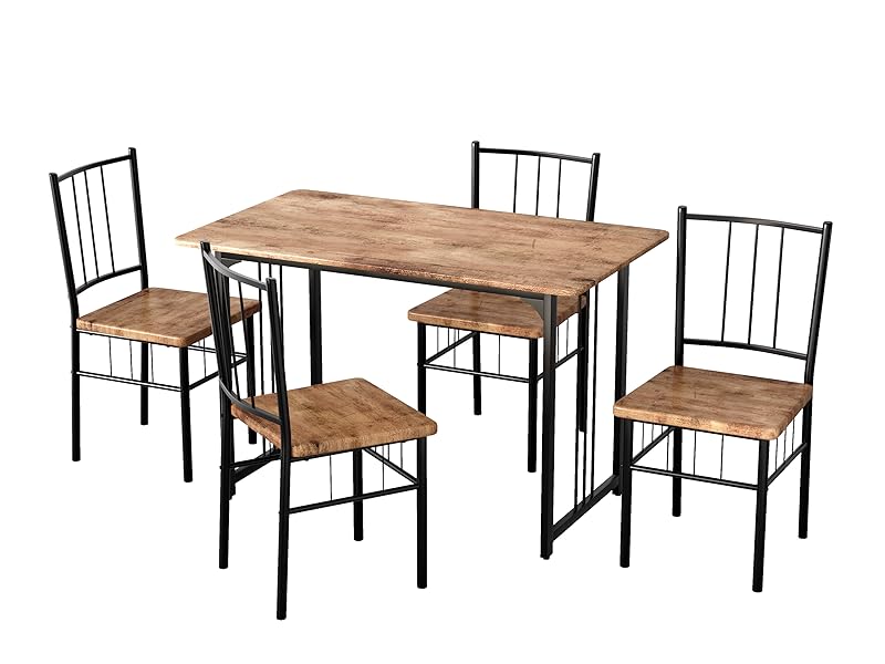 Dining Table with 4 Chairs Rectangular Wood Dining Room Table with U-Metal Frame Black Kitchen Table Dining Room Chair with High Backrest, 120 x 70 x 76 cm