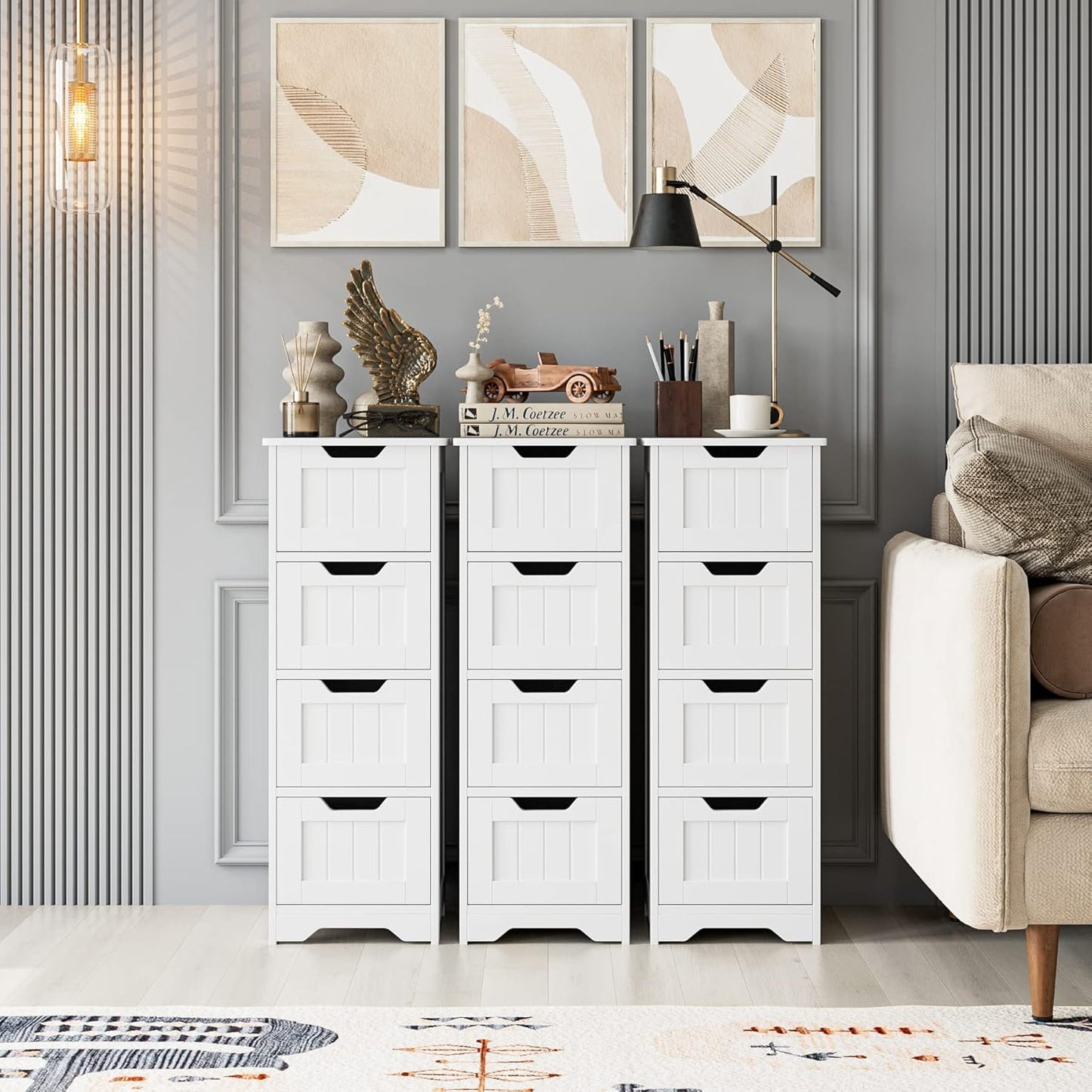 FOTOSOK Bathroom Storage Cabinet, Side Cabinet with 4 Drawers, 11.8” x 11.8” x 32.5” Freestanding Bathroom Cabinet Entryway Cupboard Storage Organizer Unit Home Furniture Decor, White