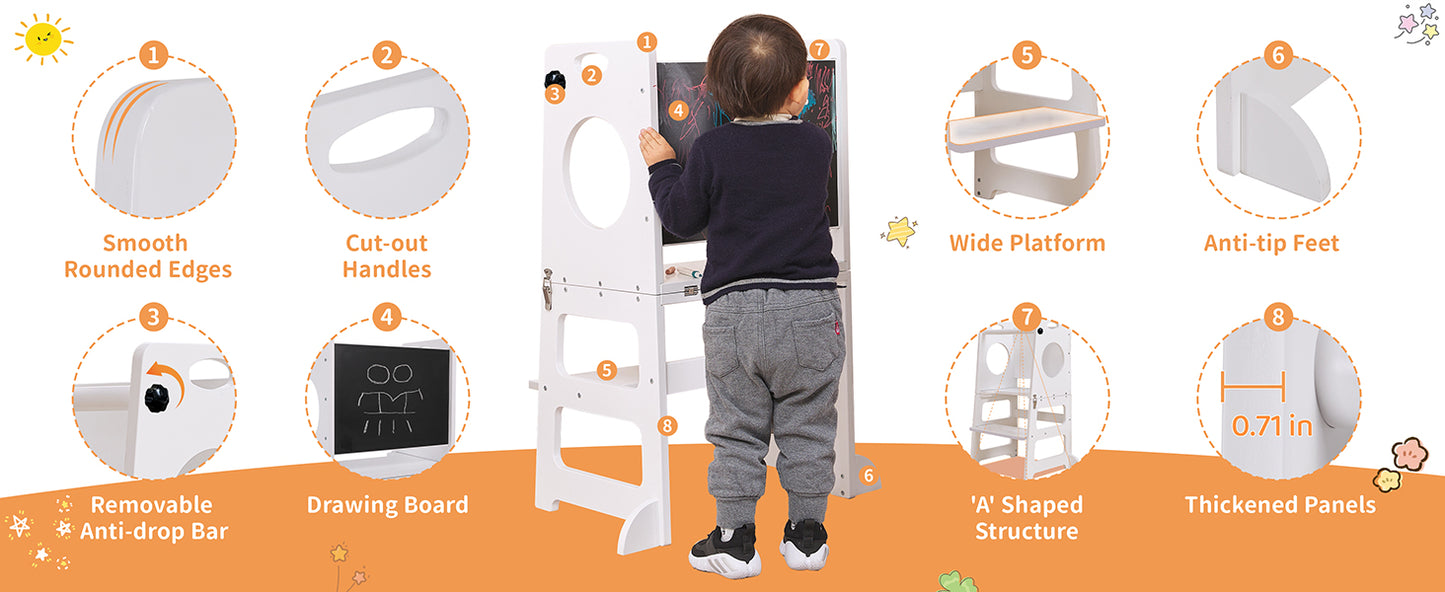 White Toddler Tower Step Stool for Kids Kitchen Stool Helper Toddler Standing Tower Foldable Toddler Table Kids Table and Chair Set 4 in 1 Montessori Helper Tower