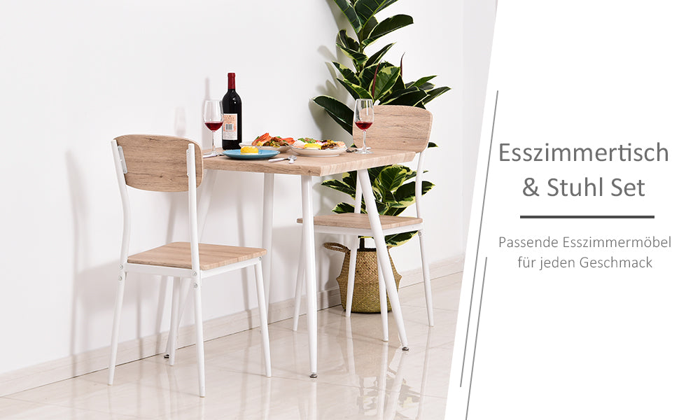 3-piece dining set: MDF wood table with metal; natural wood grain; white; 1 Table and 2 chairs.