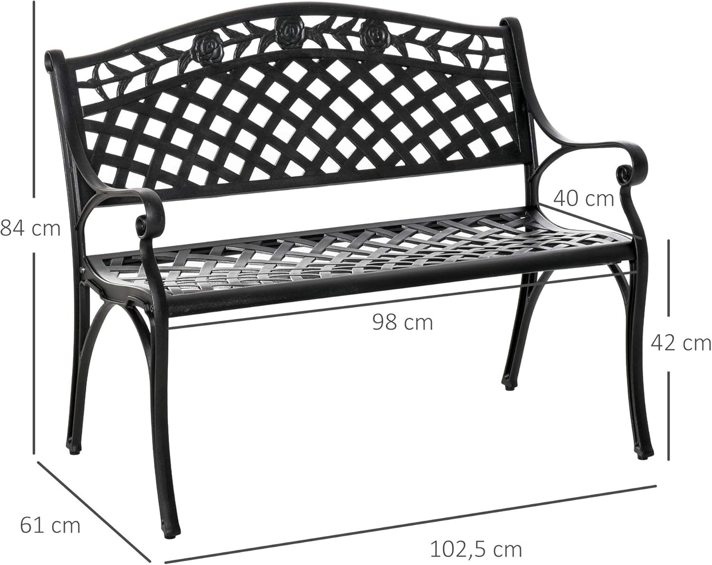 2-Seater Aluminium Garden Bench Metal Bench with Armrests Country House Style Black 102.5 x 61 x 84 cm