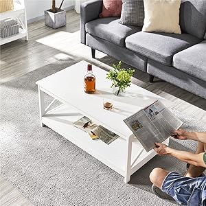 Coffee Table with 2 Shelves Sofa Table X-Shape Support Living Room Table Made of Wood Easy Assembly Modern Side Table for Living Room / Balcony / Office 100 x 50 x 45 cm White