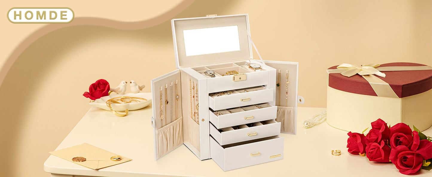 Homde Synthetic Leather Huge Jewelry Box Mirrored Watch Organizer Necklace Ring Earring Storage Lockable Gift Case (White + Gold)