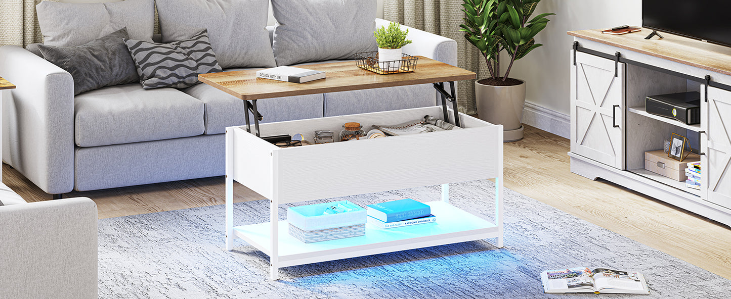 Coffee Table with Height-Adjustable Top, Extendable, Hidden Storage Space, Living Room Table, Side Table for Living Room, Office, with Power Strip and LED Light Strip