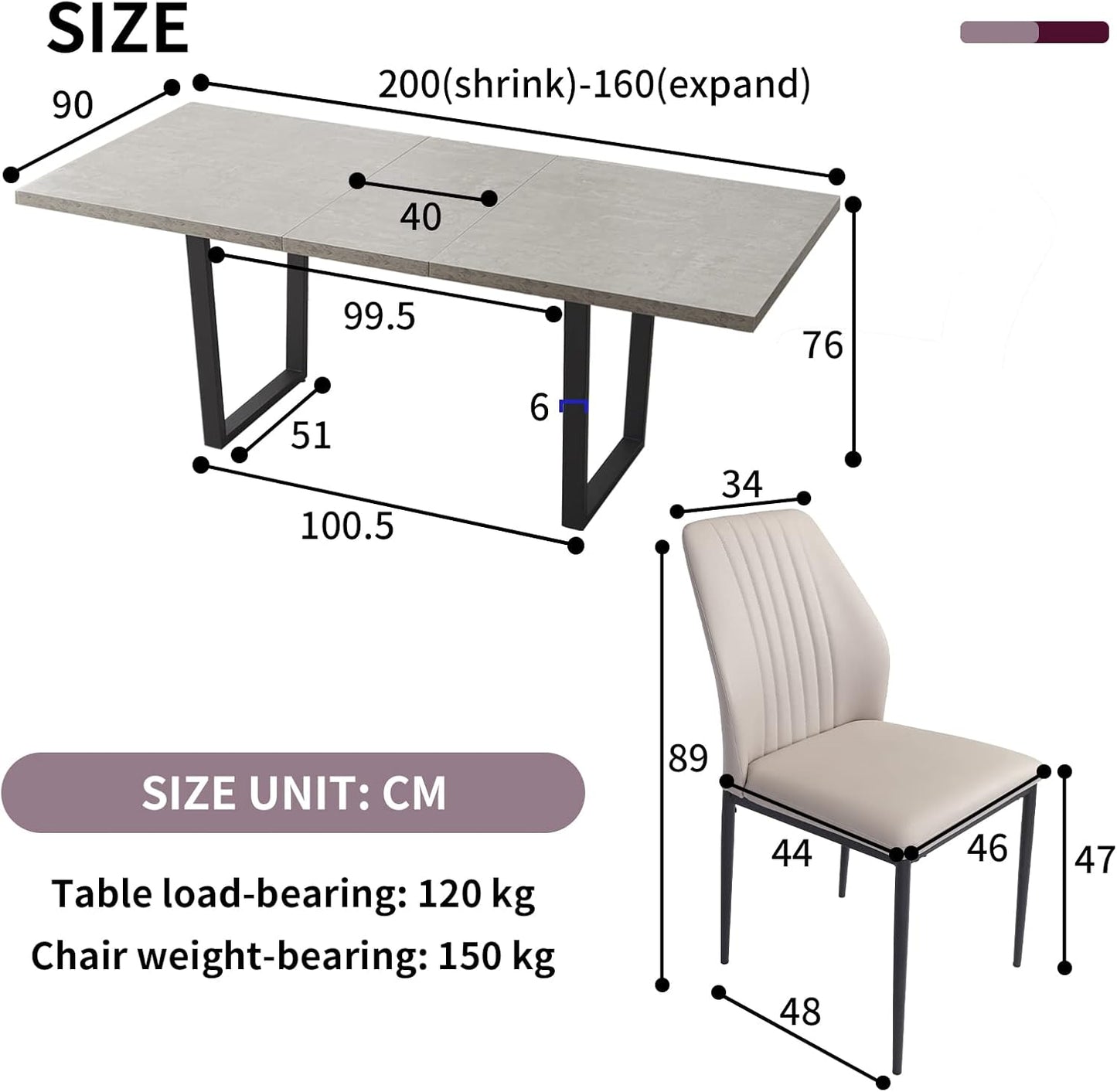 Dining Table Set for 6–8 High Hardness Extendable Table, Space-Saving Metal Frame, Farmhouse, Rectangular, Kitchen Dining Table for Home, Family (Table + 6 Beige Chairs)