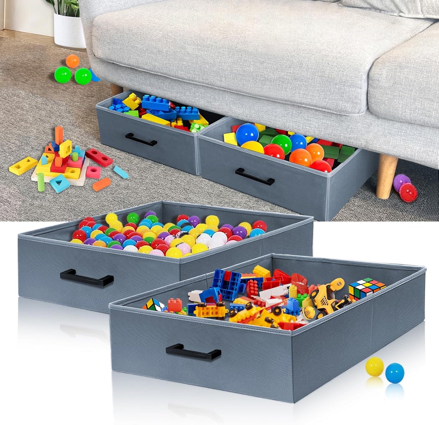 Under Couch Storage, 2 Pack Under Couch Storage Containers,Foldable Under Sofa Storage keeps things out,Under Couch Storage Box for Toys,Blocks,Puzzles,Plush Dolls,Books(23.62*15.75*5.51in)