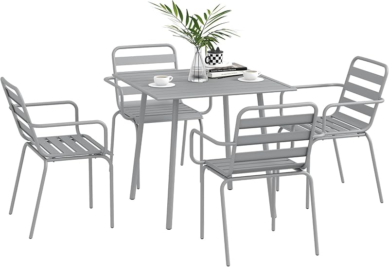 5-Piece Garden Furniture Set with 1 Dining Table 4 Stacking Chairs Garden Set for Balcony Patio Steel Light Grey