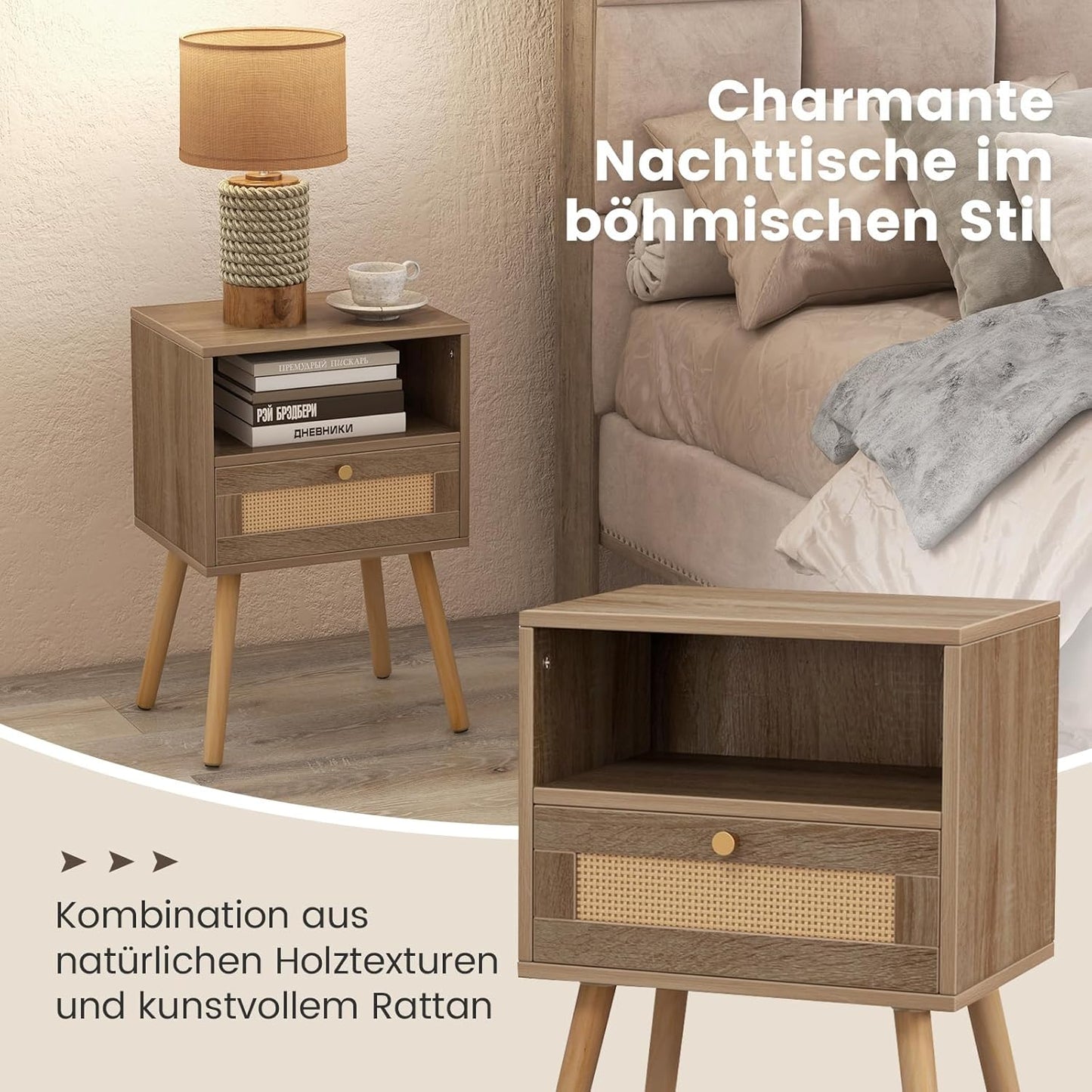 COSTWAY Nachttisch Rattan 2er Set, Nachtschrank mit Schublade & offenem Fach, Beistelltisch mit Massivholzbeinen, Nachtkommode im Boho-Stil, Sofatisch für Schlafzimmer, Wohnzimmer, 40 x 30 x 60,5 cm