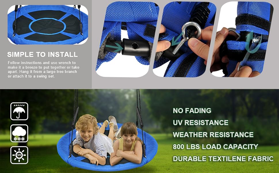 Saucer Tree Swing 46 Inch, 800 lb Weight Capacity Outdoor Swing with Tree Strap, Textliene Fabric Waterproof Steel Frame and Carabiner for Playground and Backyard, New Year Day Gifts (Blue)