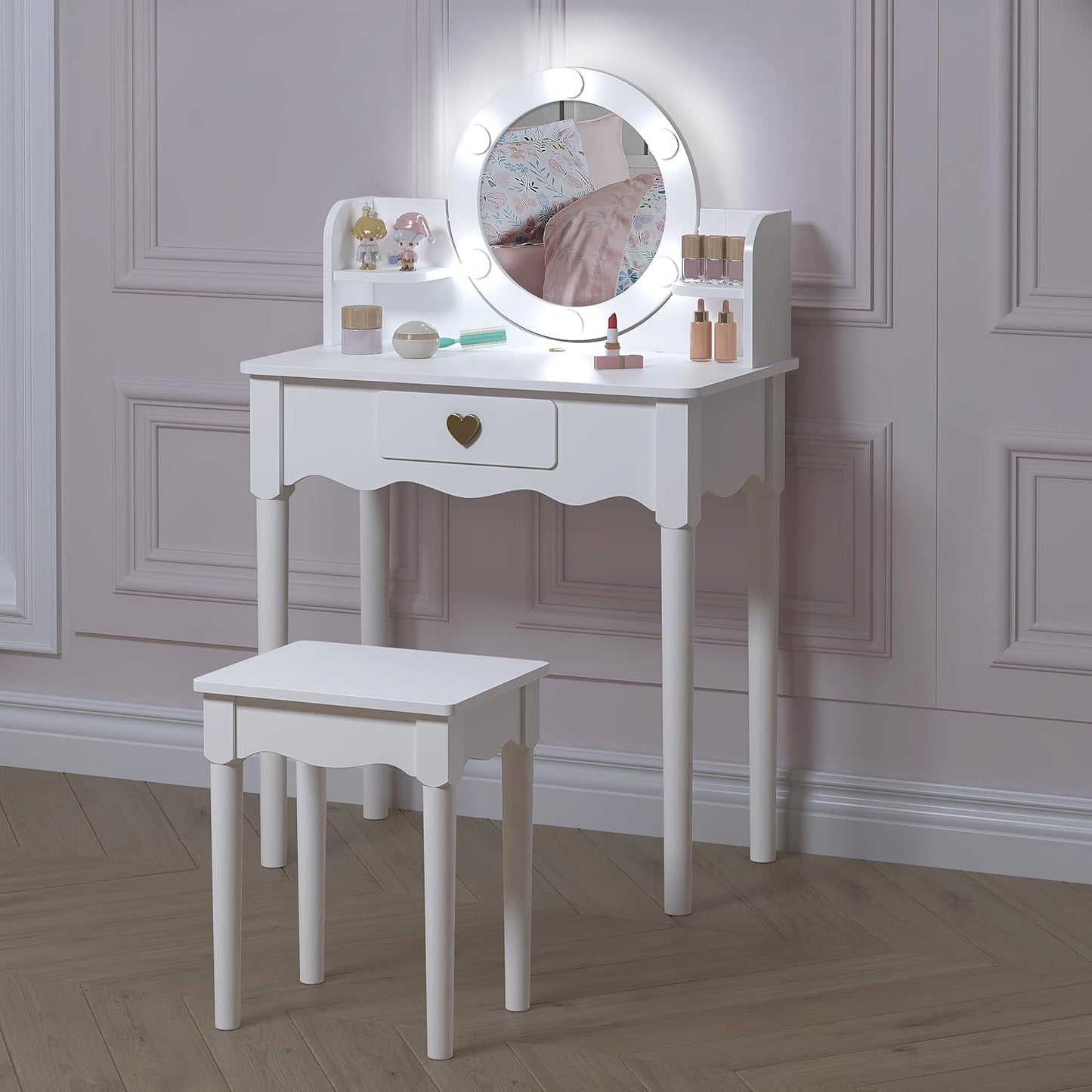 UTEX Kids Vanity, Girls Vanity Set with Mirror and Stool and Lights, Pretend Play Kids Vanity Table and Chair Set,Wooden Princess Makeup Desk Dressing Table, White