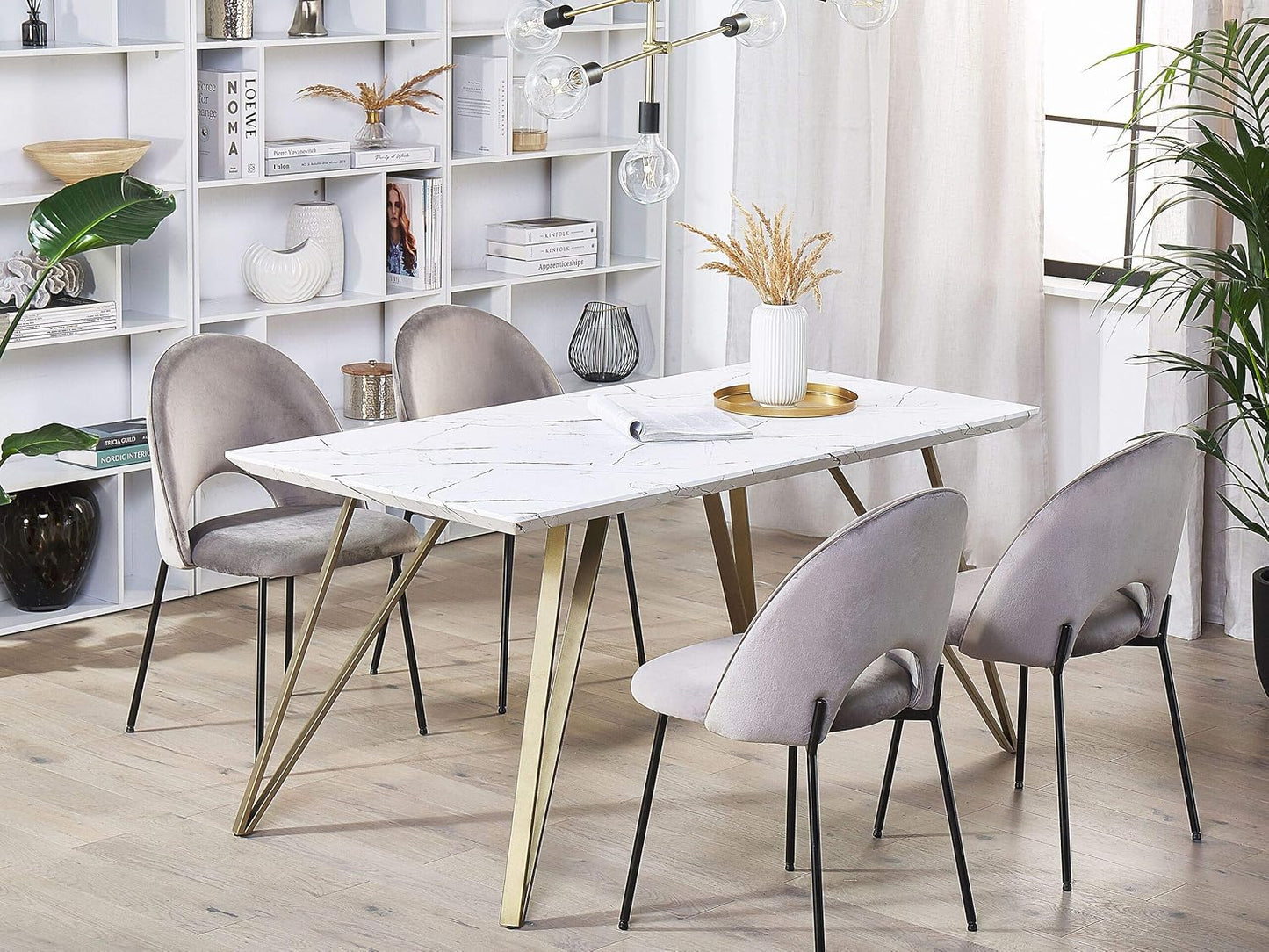 Dining Table White Marble Look 150 x 80 cm with Metal Frame Gold Glamour Molden