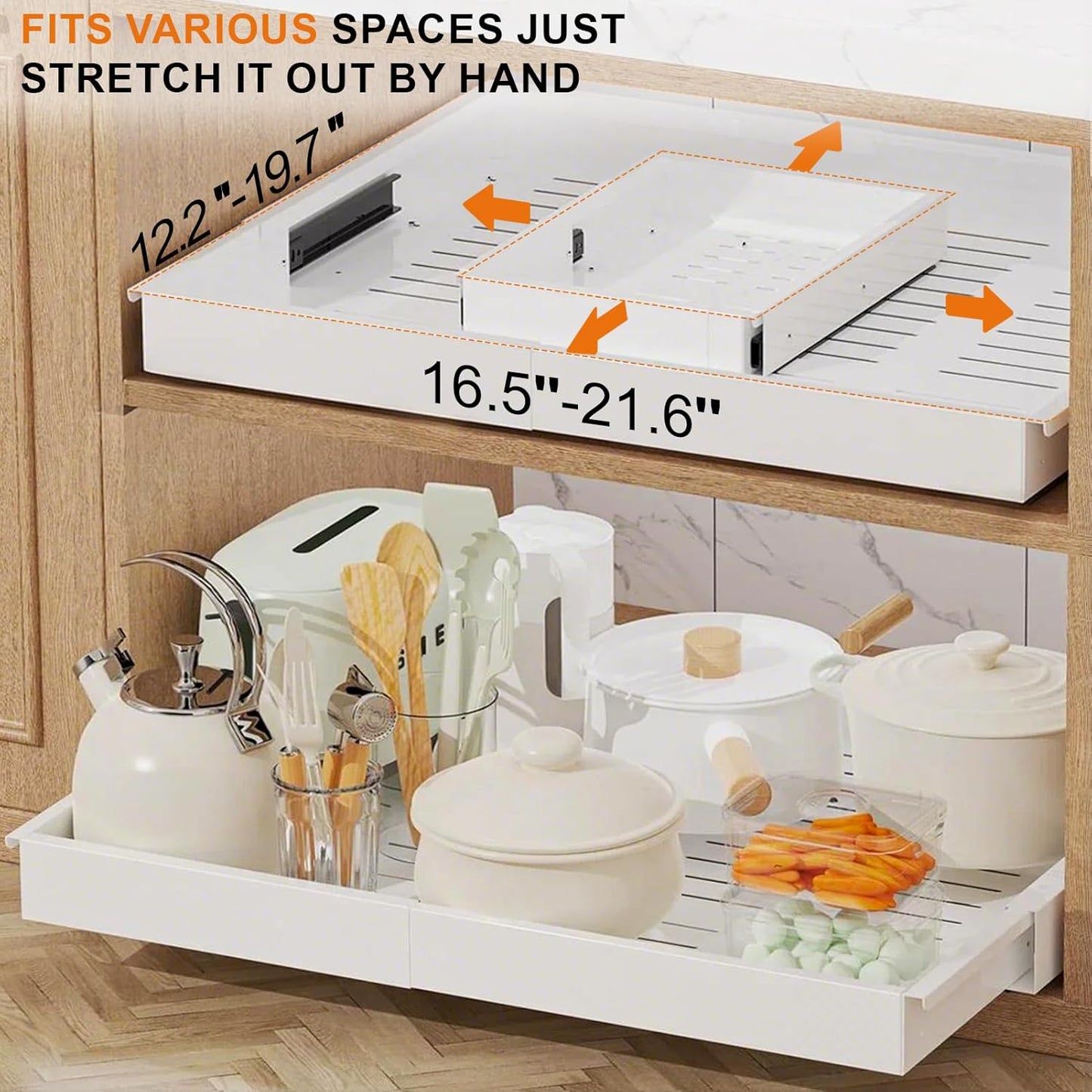 Expandable Pull Out Cabinet Organizer with Depth(16"-22") and Width(12 "-20"), Adhesive Slide out Drawers for Pots, Spice, Pantry Storage, Adjustable Roll out Shelves for Kitchen, White