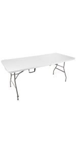 Folding Table with Handle for Carry, Beer Table, Garden Table, Dining Table, Buffet Table with Carry Handle, Rattan Look, 180 x 75 cm, White, Smooth