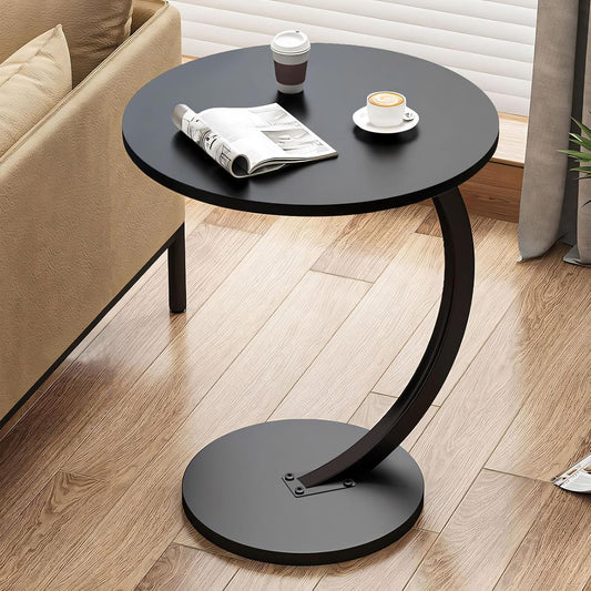 Gemsaya Side Table C Shape, Black Round Wood Table with Metal Frame, Mobile Sofa Table Top Diameter 40 cm, Height 62 cm, Modern Round Coffee Table Small for Living Room, Bedroom