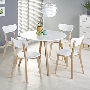 Dining Table Matte White Honey Oak Honey Round Extendible 102 to 142 cm