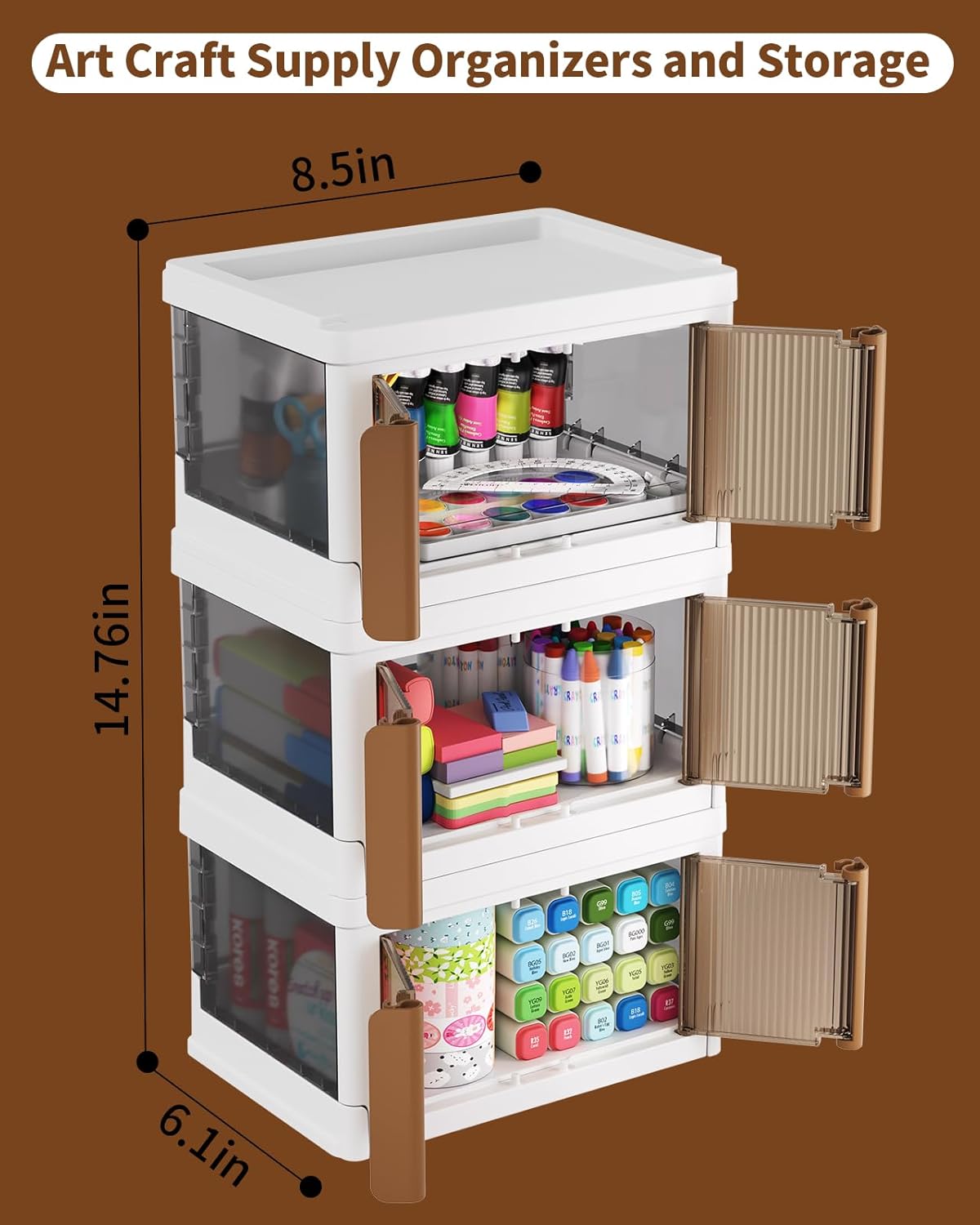 Plastic Craft Organizer Storage Box for Art & Scrapbooking Supplies, Stackable with Latching Lid - Perfect for Markers Ink Pad Ribbons Washi Tape Stickers-Clear Container bins for Craft Supplies