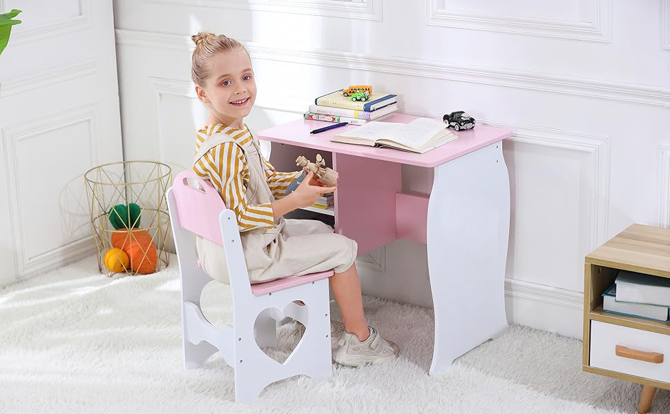 Kids Desk and Chair Set, Children Study Desk with Storage Shelf, Wooden School Study Table, Writing Table for Home School Use(Pink White)