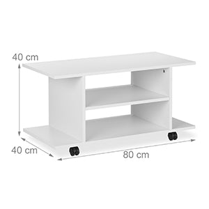 TV Board with Wheels, 4 Open Shelves, Mobile Coffee Table for Devices, CDs, DVDs, HBT 40 x 80 x 40 cm, White, Opulent Garden