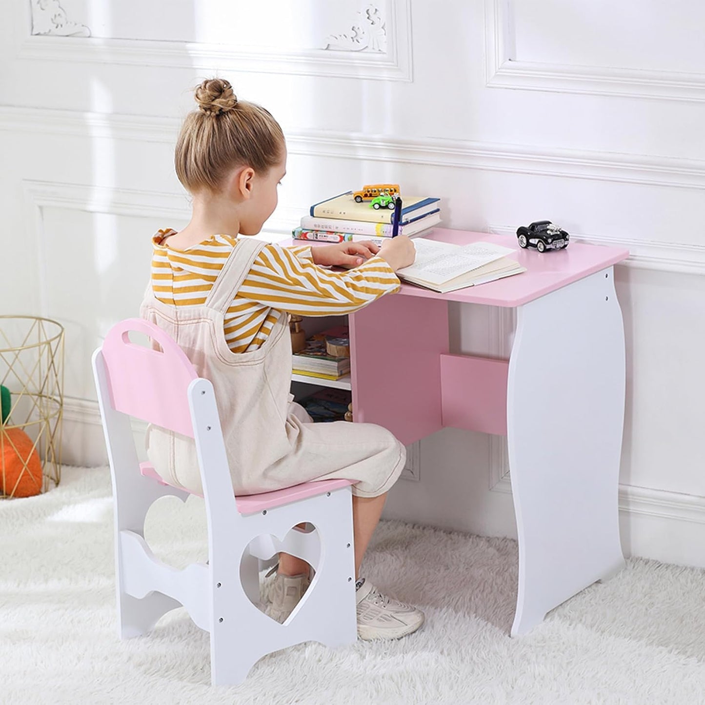 Kids Desk and Chair Set, Children Study Desk with Storage Shelf, Wooden School Study Table, Writing Table for Home School Use(Pink White)