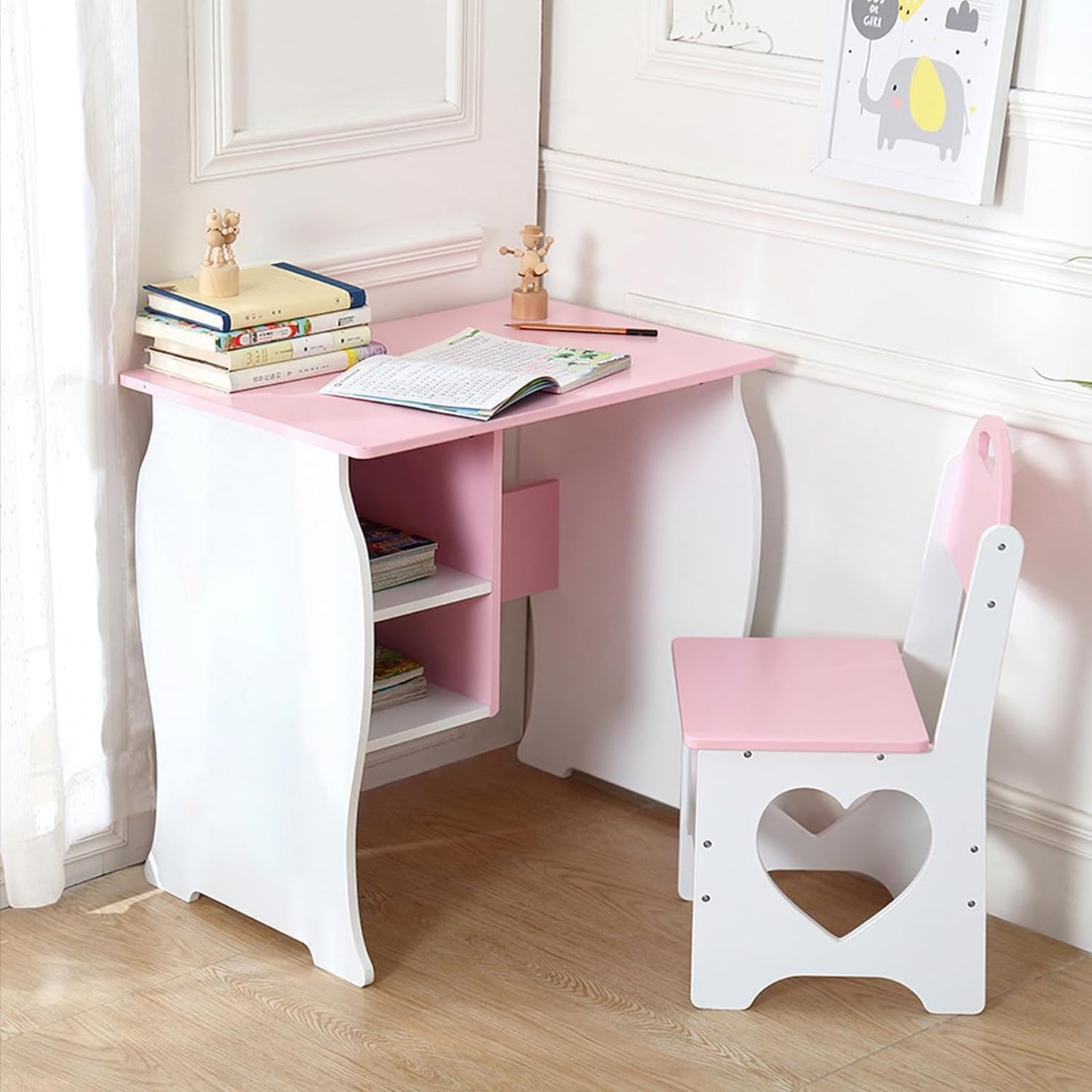 Kids Desk and Chair Set, Children Study Desk with Storage Shelf, Wooden School Study Table, Writing Table for Home School Use(Pink White)