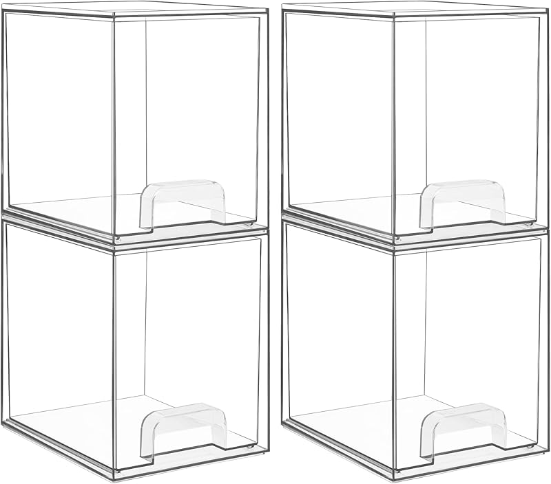 Vtopmart 4 Pack Clear Stackable Storage Drawers,7.6" H Plastic Organizers Bins for Skincare, Bathroom Supplies,Ideal for Cabinet,Undersink,Vanity,Kitchen,Pantry Organization