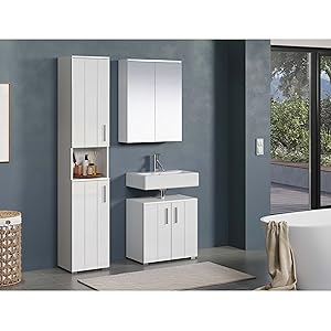 trendteam smart living - Wons - Chest of Drawers - White High Gloss - Timeless Bathroom Cabinet - (W x H x D) 37 x 83 x 31 cm - Bathroom Chest of Drawers with Vertical Milled Door - with