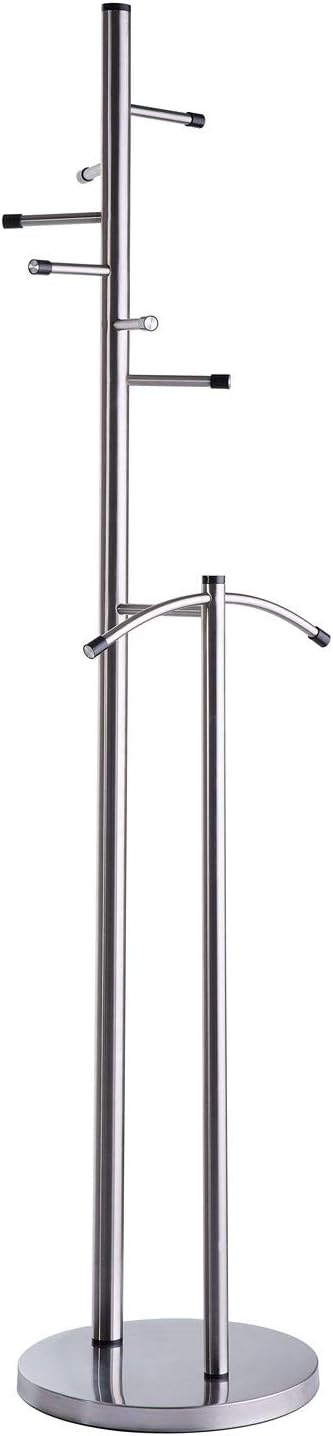 Stainless Steel Coat Stand with 6 Hooks and Separate Hanger, Freestanding, Approx. 47 x 181 cm, Silver, Space Saving