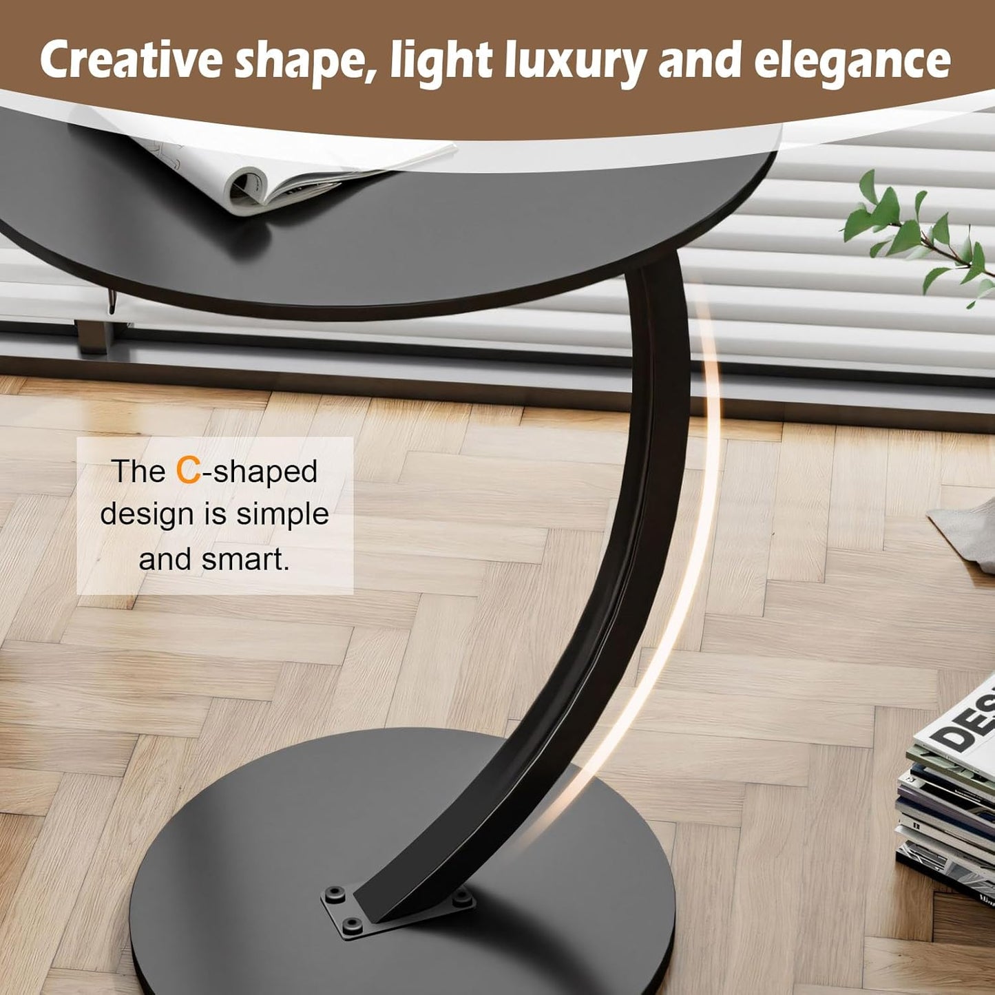 Gemsaya Side Table C Shape, Black Round Wood Table with Metal Frame, Mobile Sofa Table Top Diameter 40 cm, Height 62 cm, Modern Round Coffee Table Small for Living Room, Bedroom