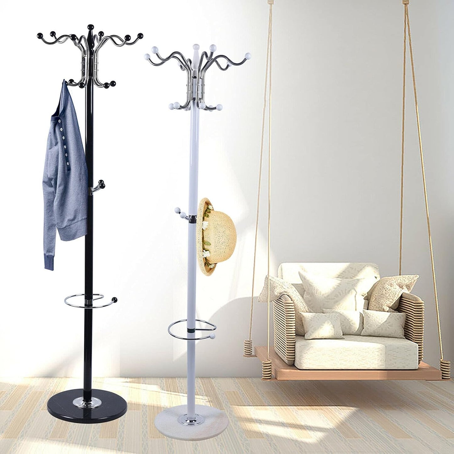 Coat Stand Tree Shape with 16 Hooks, Coat Rack for Jackets, Hats, Bags, Metal and Marble Hangers for Entryway, Hallway, Bedroom (Black)