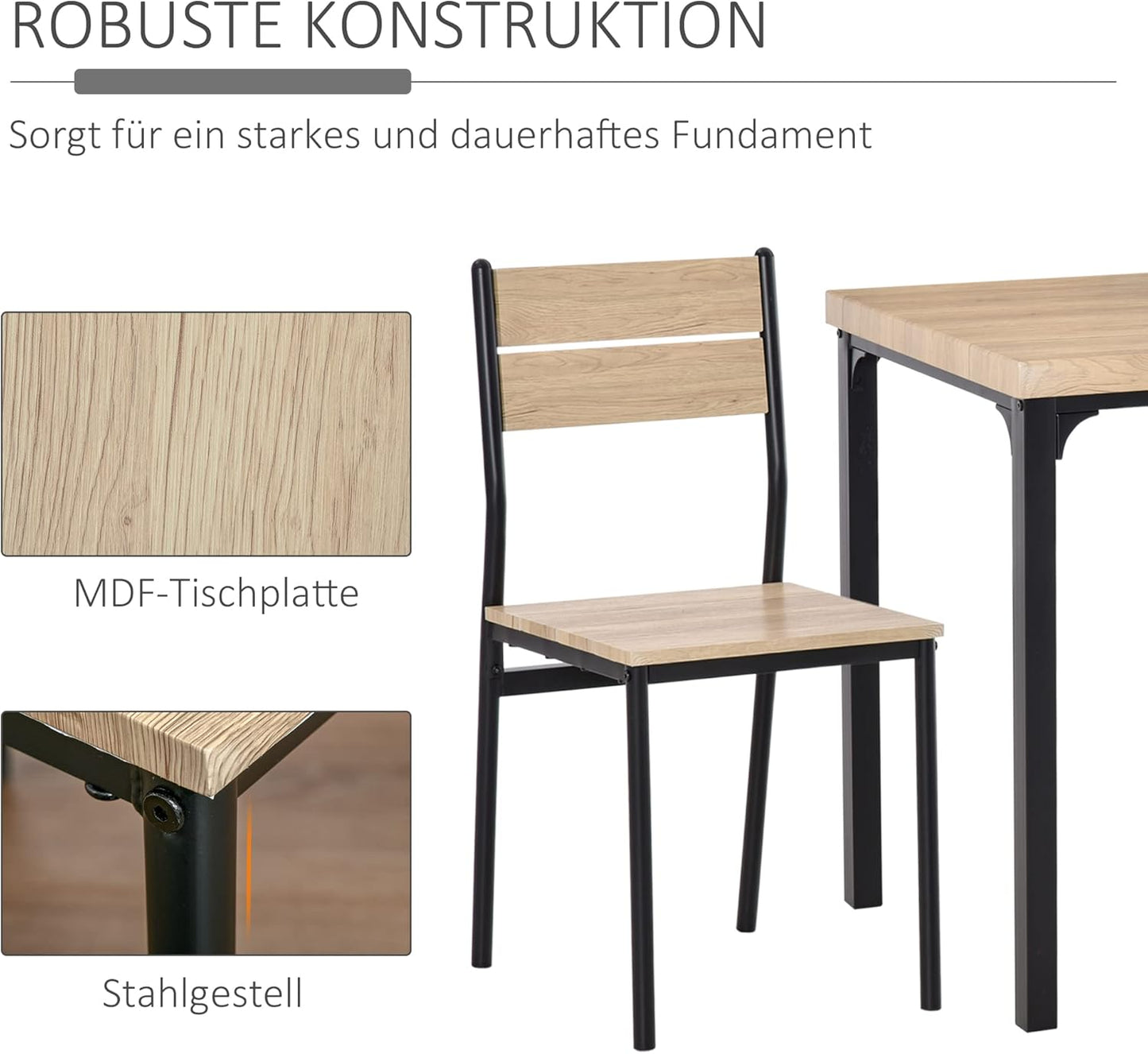 3-piece dining set, dining table set, MDF wood table with natural wood grain, metal and black with 1 table and 2 chairs.